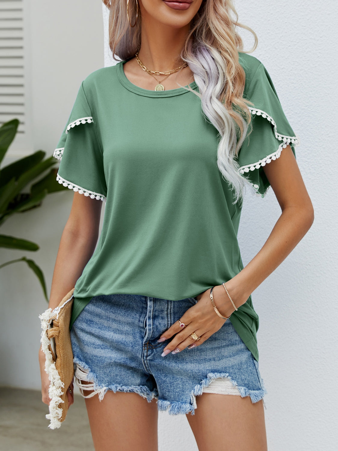 Pom-Pom Trim Flutter Sleeve Round Neck T-Shirt